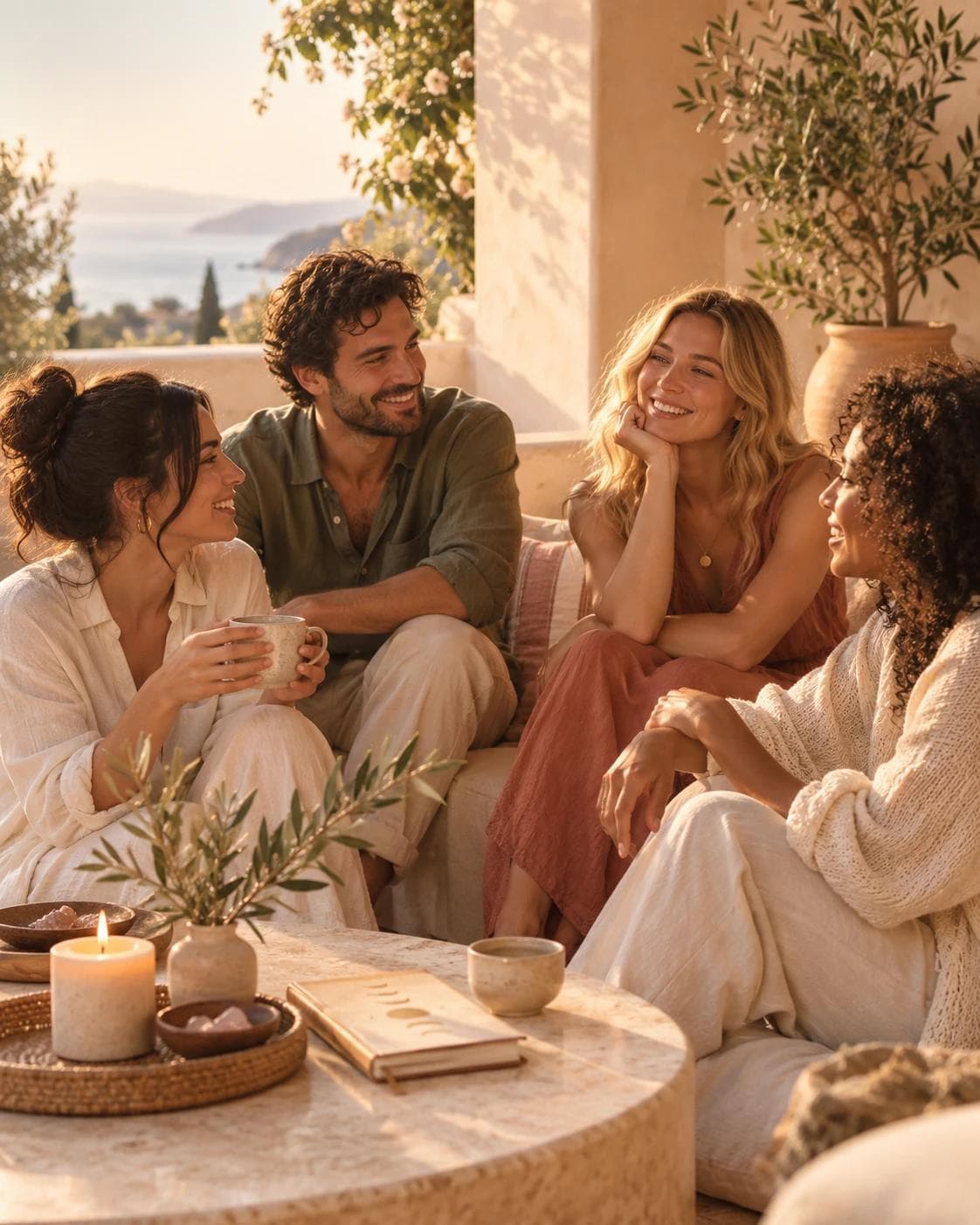 Four friends in conversation on a sunlit terrace, with a candle, crystals, and a moon-phase journal on the table