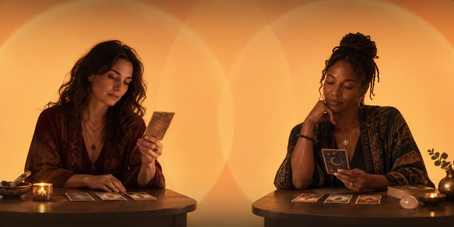 Two psychic readers studying tarot cards at separate tables