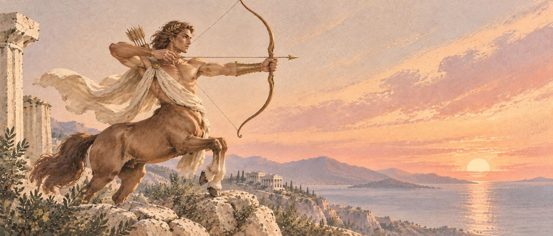 A centaur drawing a bow on a clifftop.