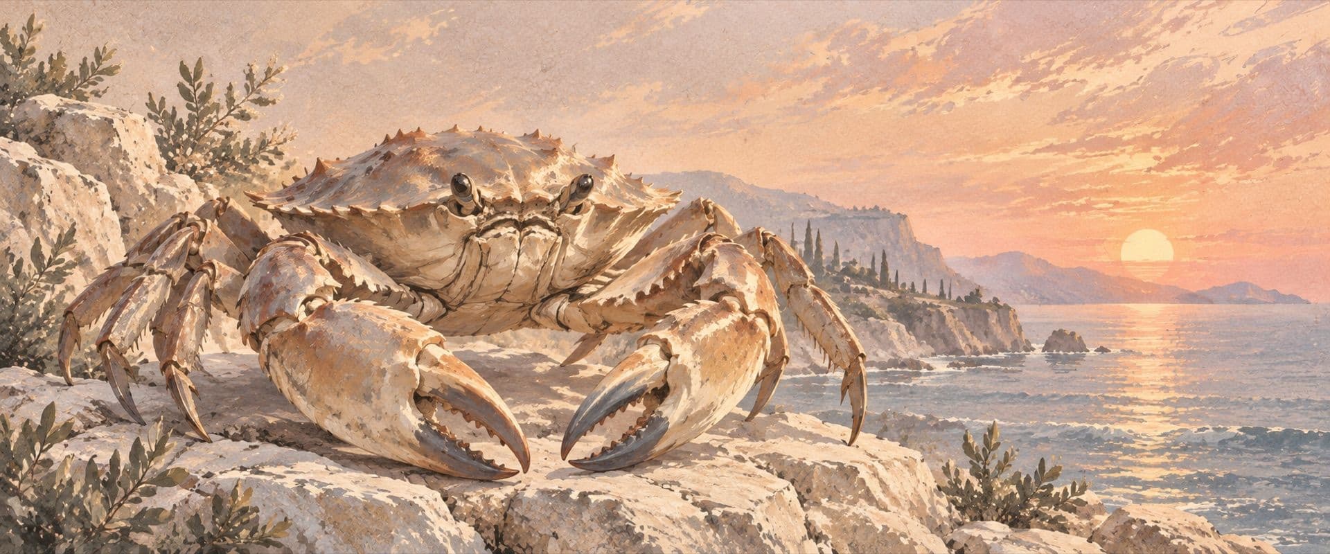 A crab on pale rocks at the water’s edge.