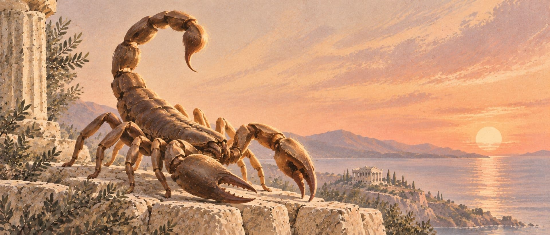 A scorpion on warm stone above the sea.