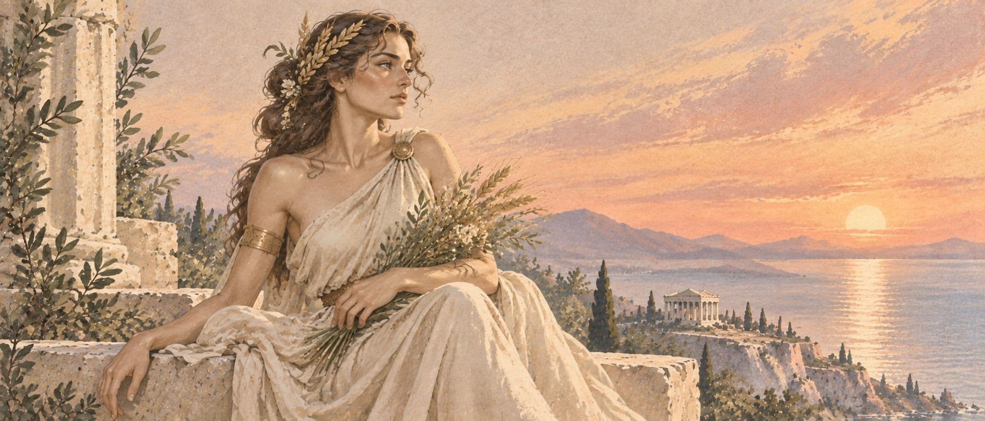 A woman holding a sheaf of wheat beside a stone column.