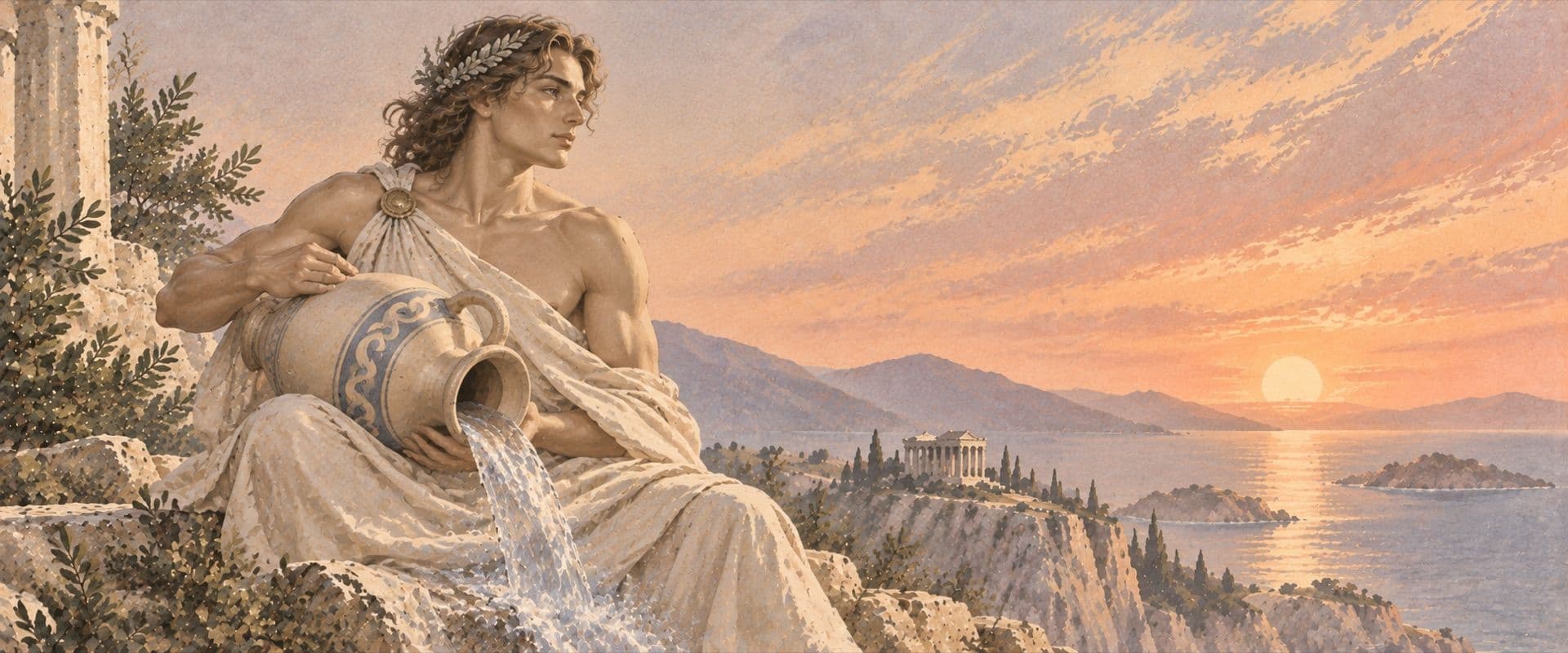 A figure pouring water from a clay jar above the sea.