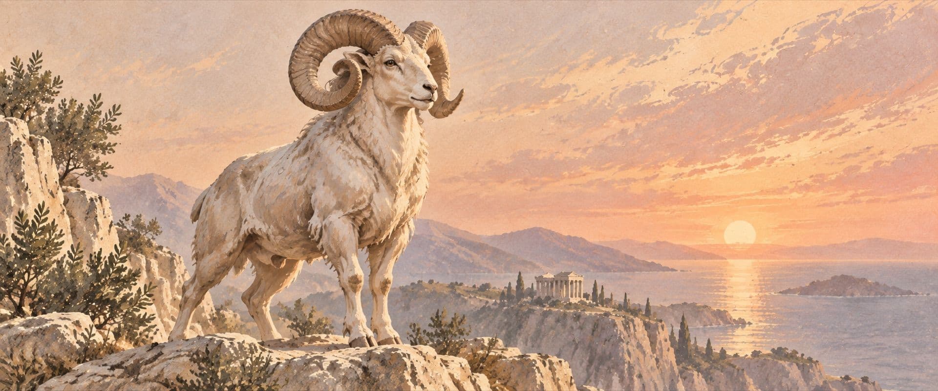 A ram on a clifftop above the sea at sunset.