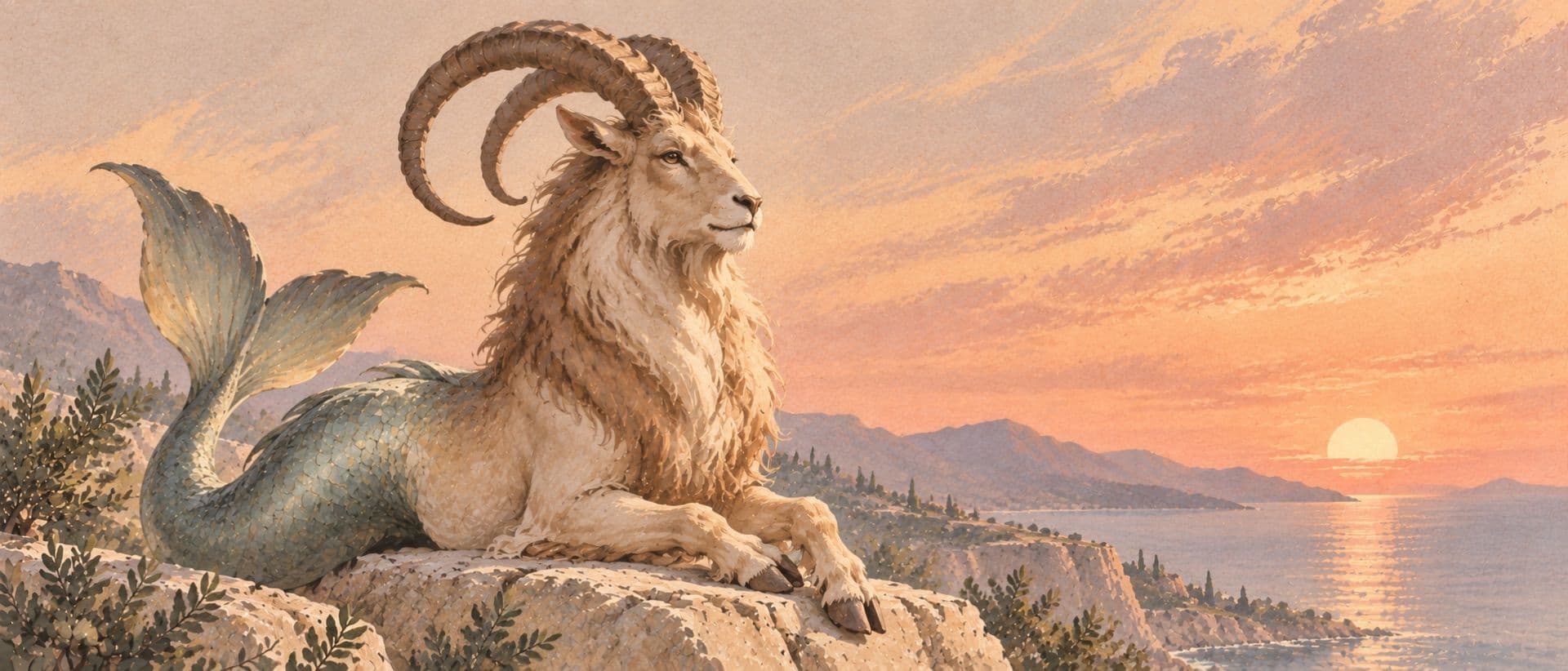 A sea goat resting on rocks, its fish tail behind it.