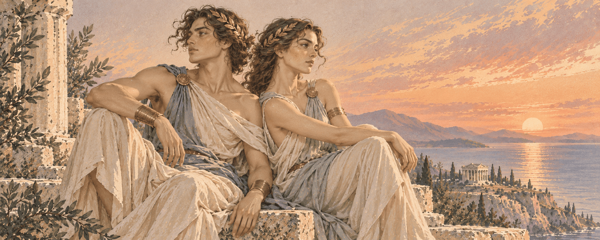 Two Gemini twins in golden laurel crowns sit on marble steps above a sunlit sea, with a classical temple on the cliff beyond.