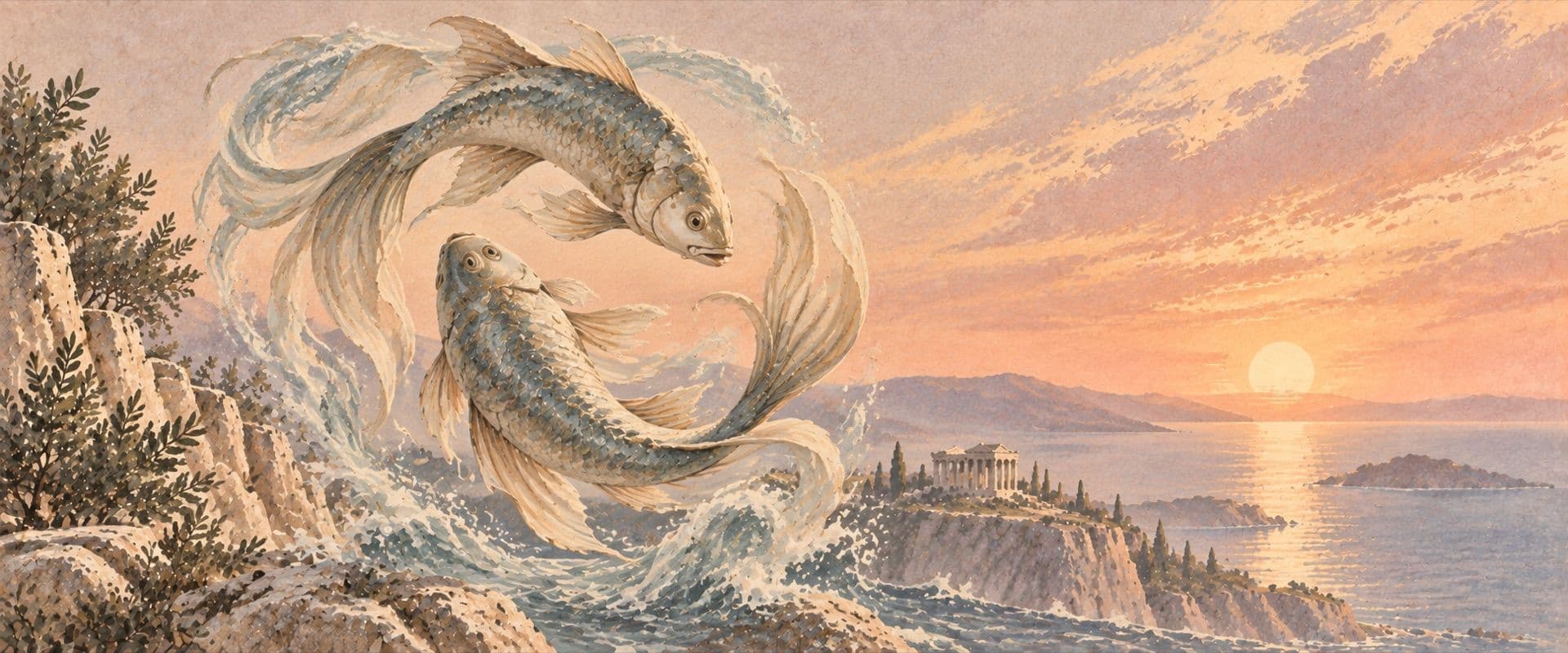 Two fish leaping from a breaking wave.