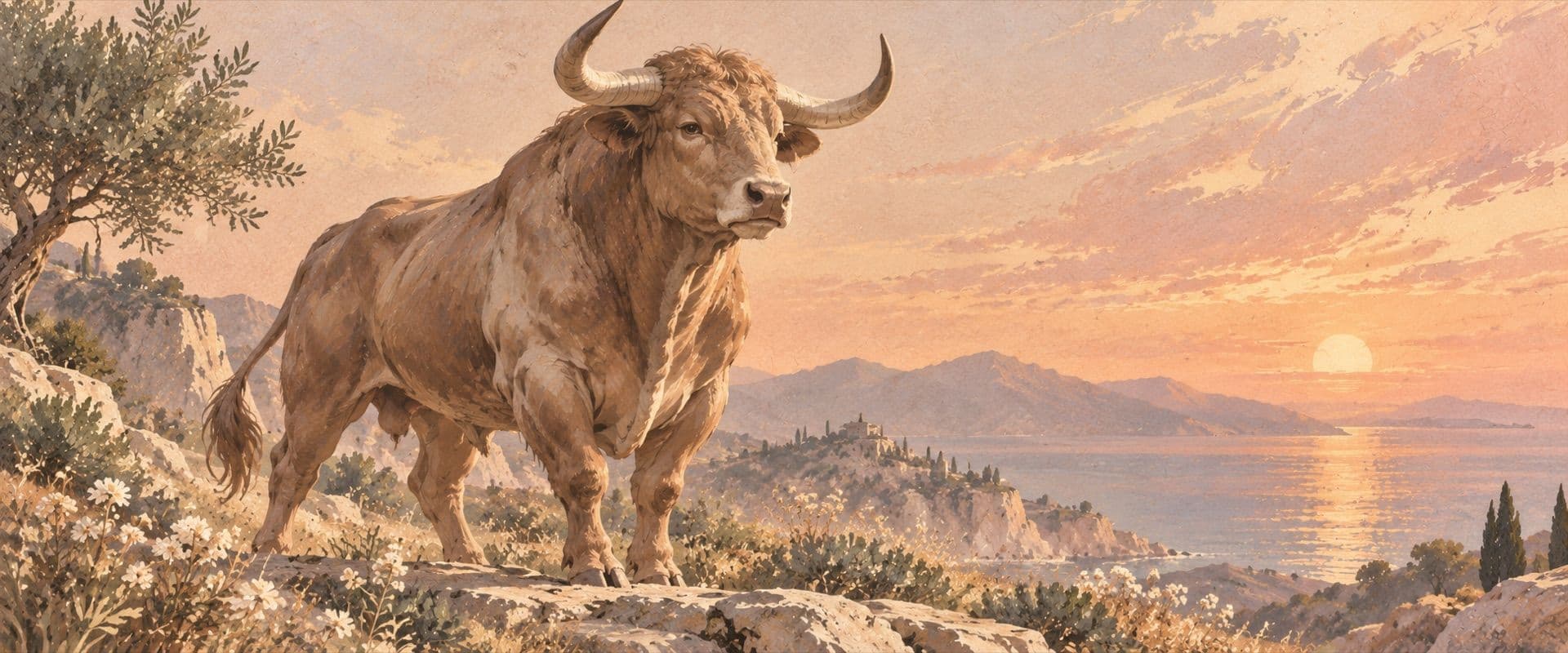 A bull on a hillside above the coast.