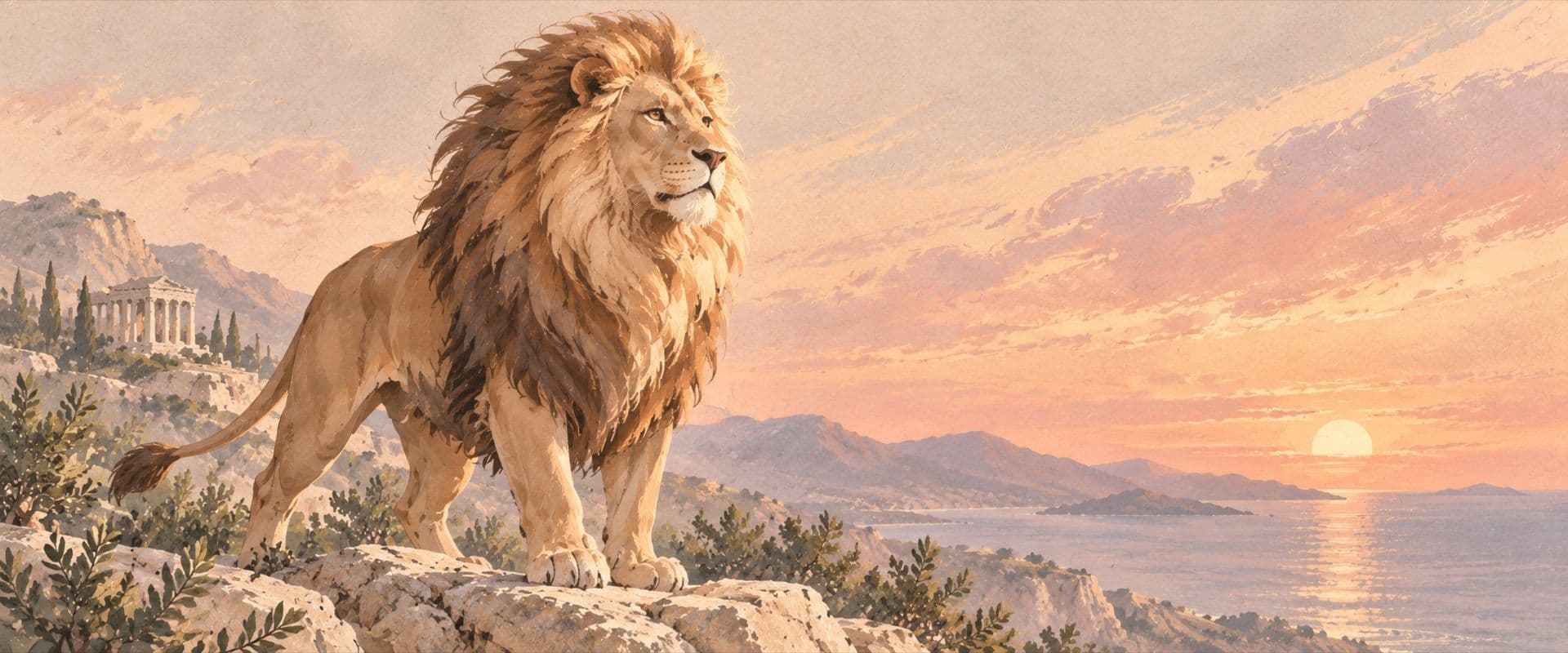 A lion standing on a clifftop above the sea.