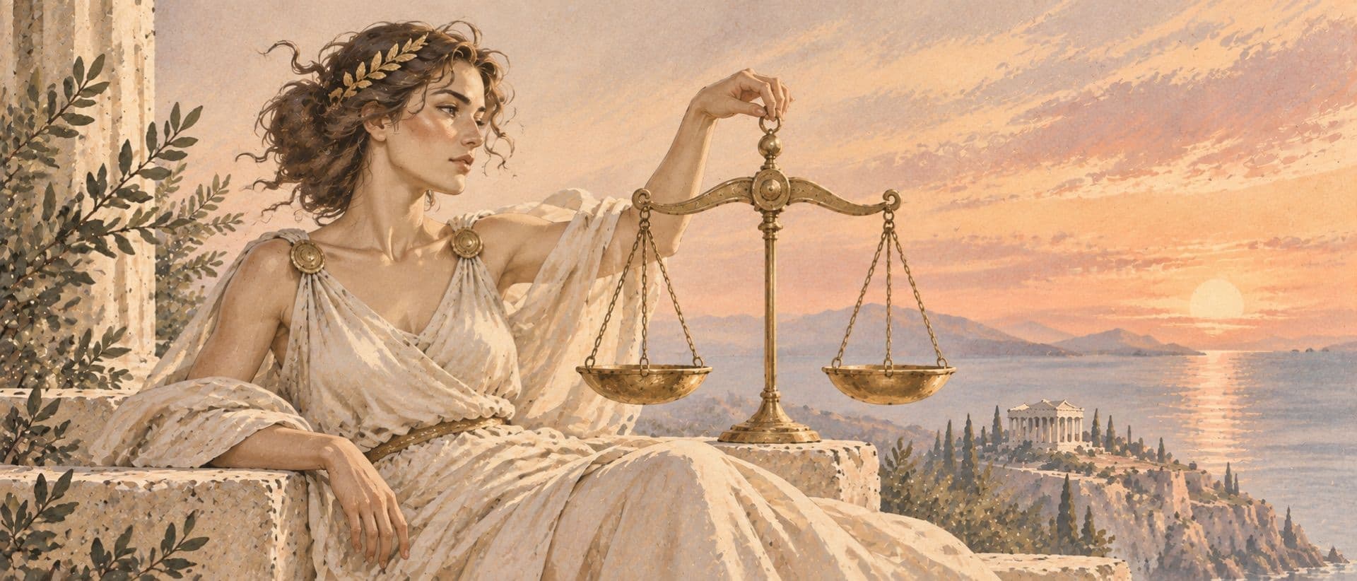 A woman holding a pair of golden scales above the coast.