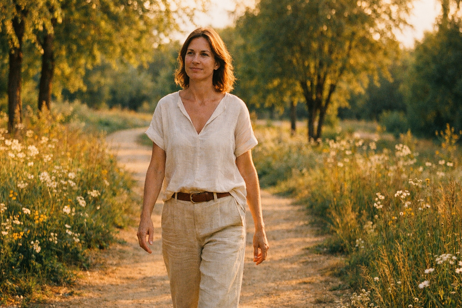 Why Dating After 40 Feels Calmer but Deeper Woman walking along a sunlit garden path surrounded by wildflowers