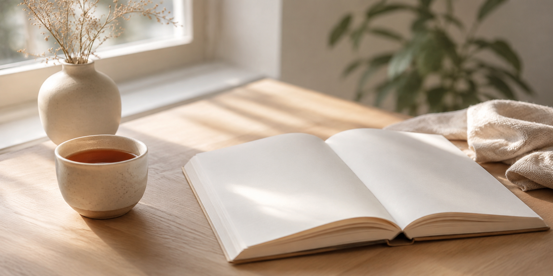Open blank notebook on a light wooden desk beside a small ceramic cup of tea, soft window light
